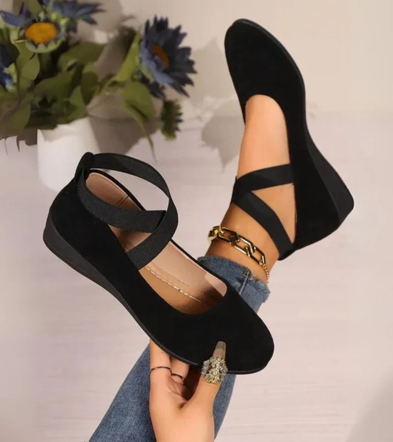 Ballerines Compensées Fermées Femme – Chaussures Confort à Brides Élastiques Croisées