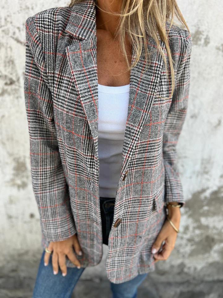 Blazer femme élégant à carreaux – Long col tailleur, veste légère stylée pour le bureau et le quotidien