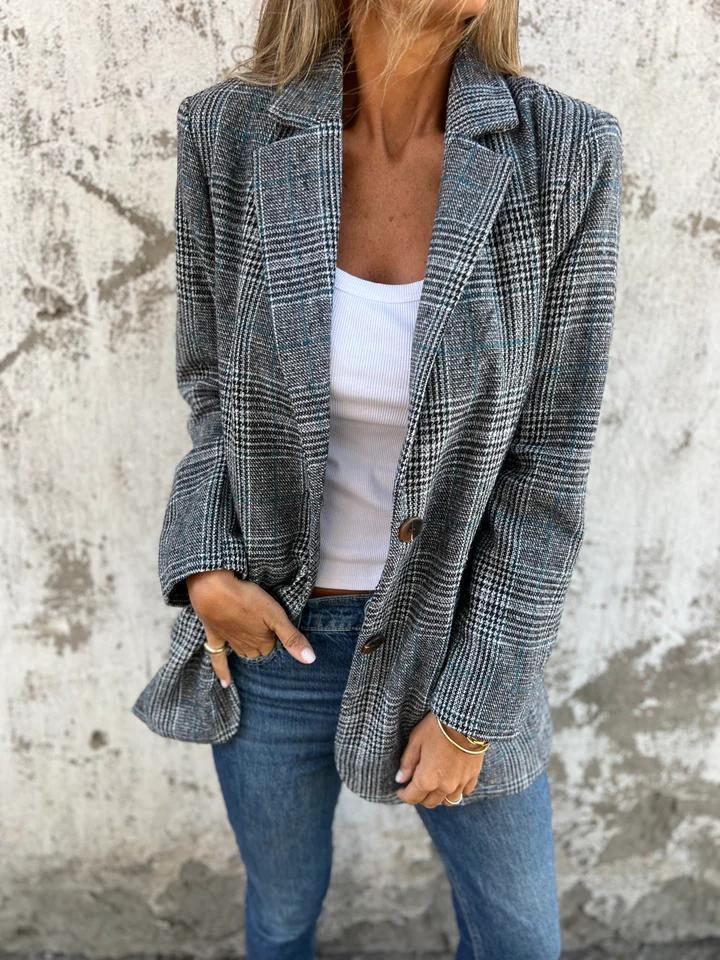 Blazer femme élégant à carreaux – Long col tailleur, veste légère stylée pour le bureau et le quotidien - Image 2
