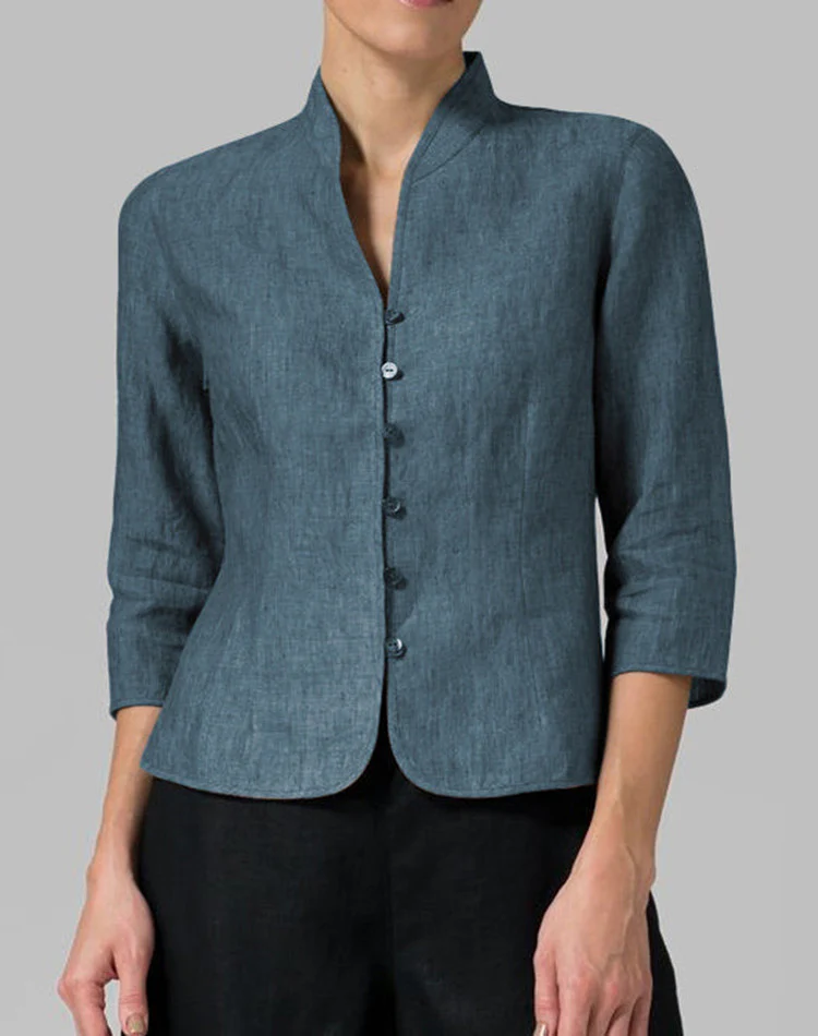 Blouse Ajustée Élégante à Boutons Femme – Col Montant en V avec Manches 3/4 - Image 4