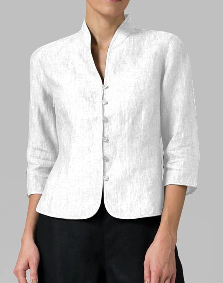 Blouse Ajustée Élégante à Boutons Femme – Col Montant en V avec Manches 3/4 - Image 5