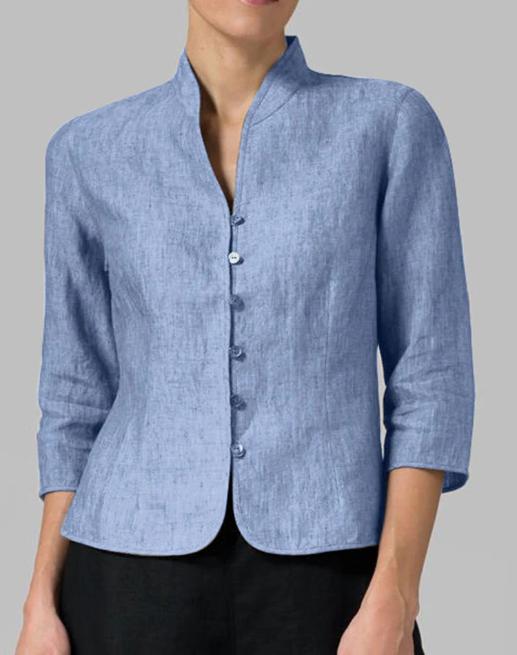 Blouse Ajustée Élégante à Boutons Femme – Col Montant en V avec Manches 3/4 - Image 7