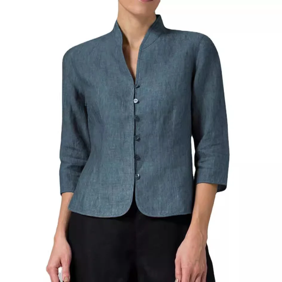Blouse Ajustée Élégante à Boutons Femme – Col Montant en V avec Manches 3/4 - Image 8