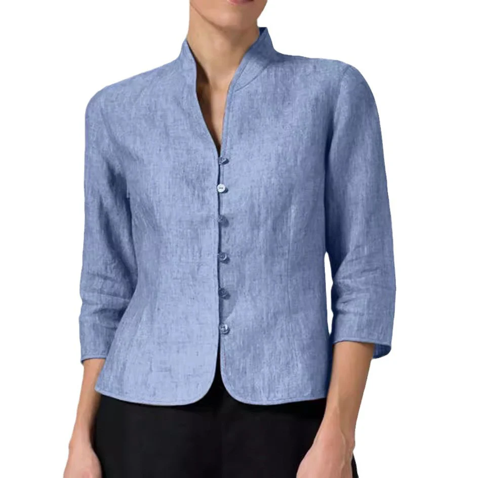 Blouse Ajustée Élégante à Boutons Femme – Col Montant en V avec Manches 3/4 - Image 9