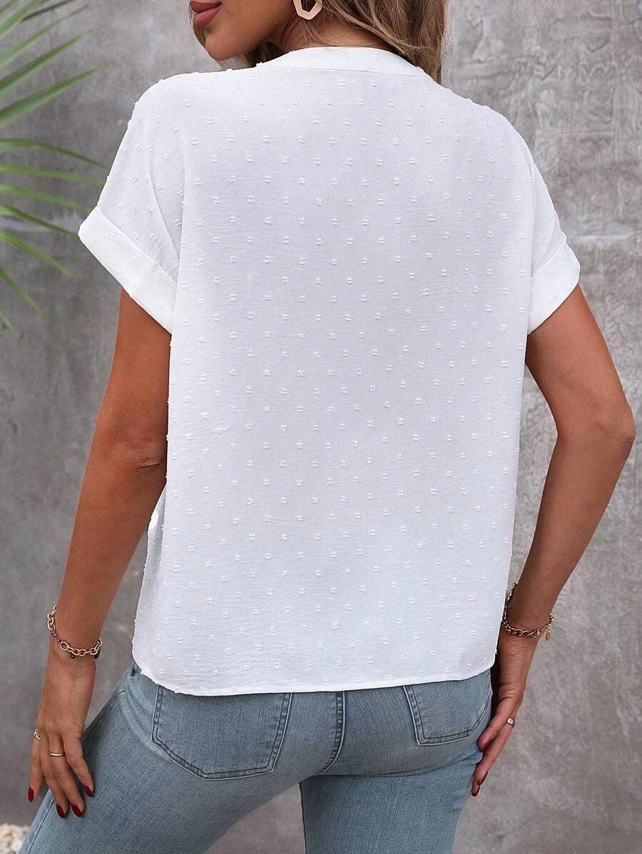 Blouse Blanche Femme Col V Boutonnée – Haut Texturé Décontracté - Image 4