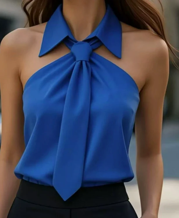 Blouse Blanche Sans Manches à Col Halter – Haut Habillé à Finitions Contrastées - Image 3