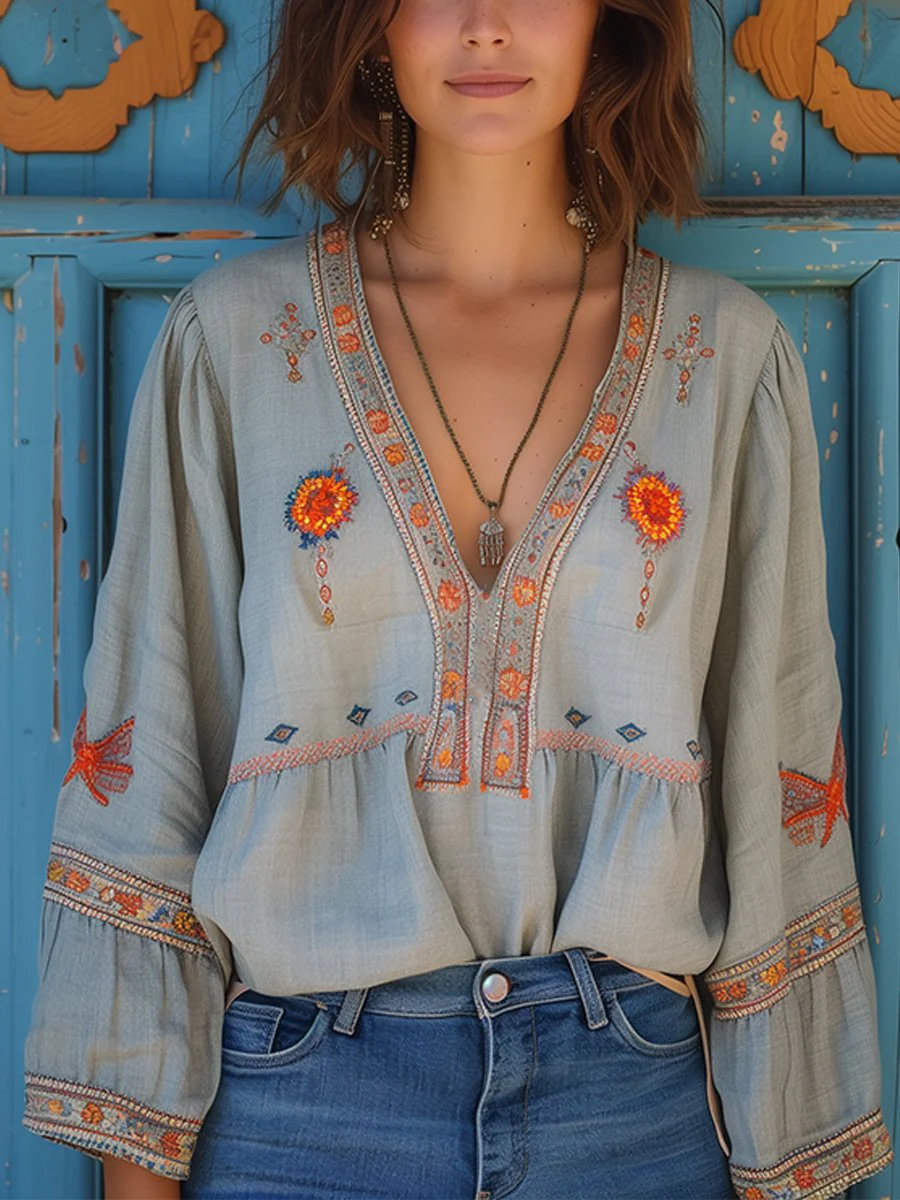 Blouse Bohème Décontractée pour Femme – Top d’Été Aéré à Col V et Broderie