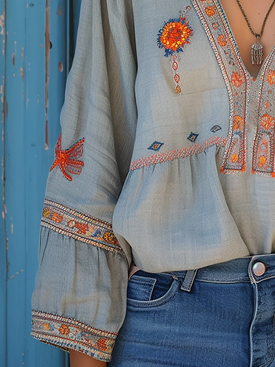 Blouse Bohème Décontractée pour Femme – Top d’Été Aéré à Col V et Broderie - Image 4