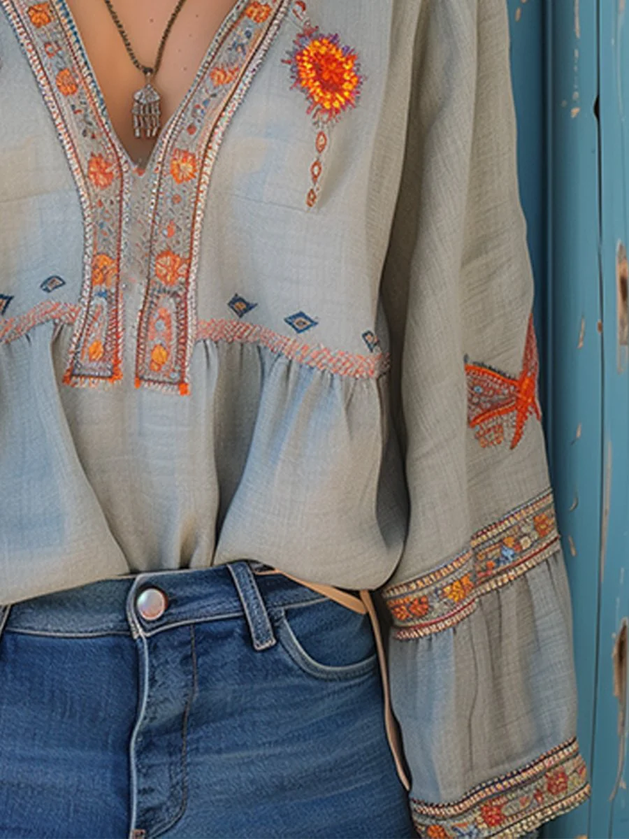 Blouse Bohème Décontractée pour Femme – Top d’Été Aéré à Col V et Broderie - Image 5