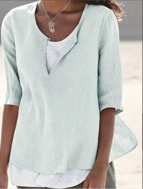 Blouse d’Été Femme Décontractée à Superpositions – Col V Coupe Ample