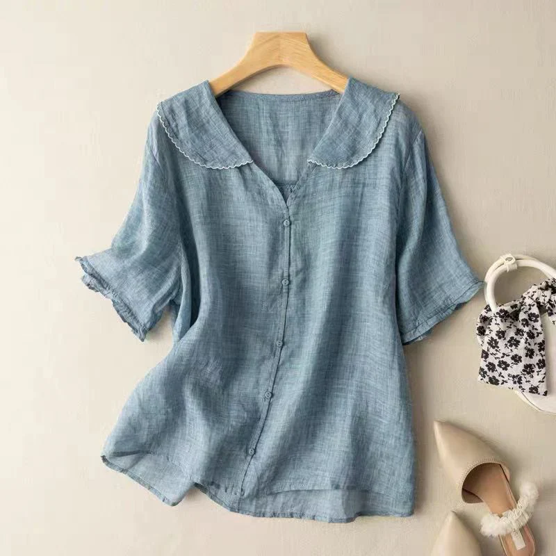 Blouse décontractée en lin aéré à col en V manches courtes femmes – Haut d’été léger respirant à coupe ample - Image 3