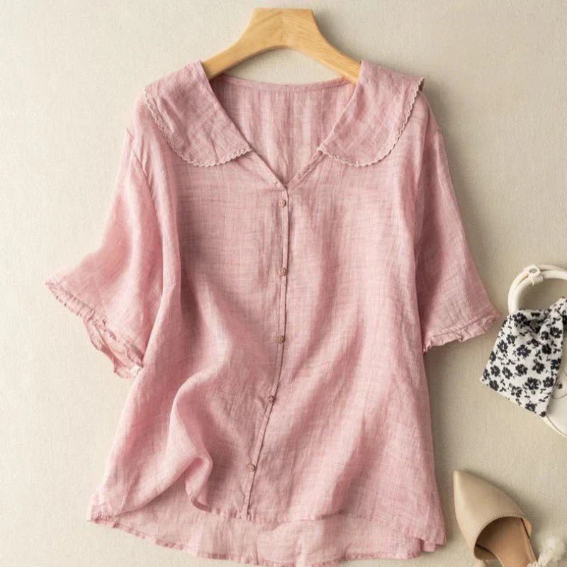 Blouse décontractée en lin aéré à col en V manches courtes femmes – Haut d’été léger respirant à coupe ample - Image 4