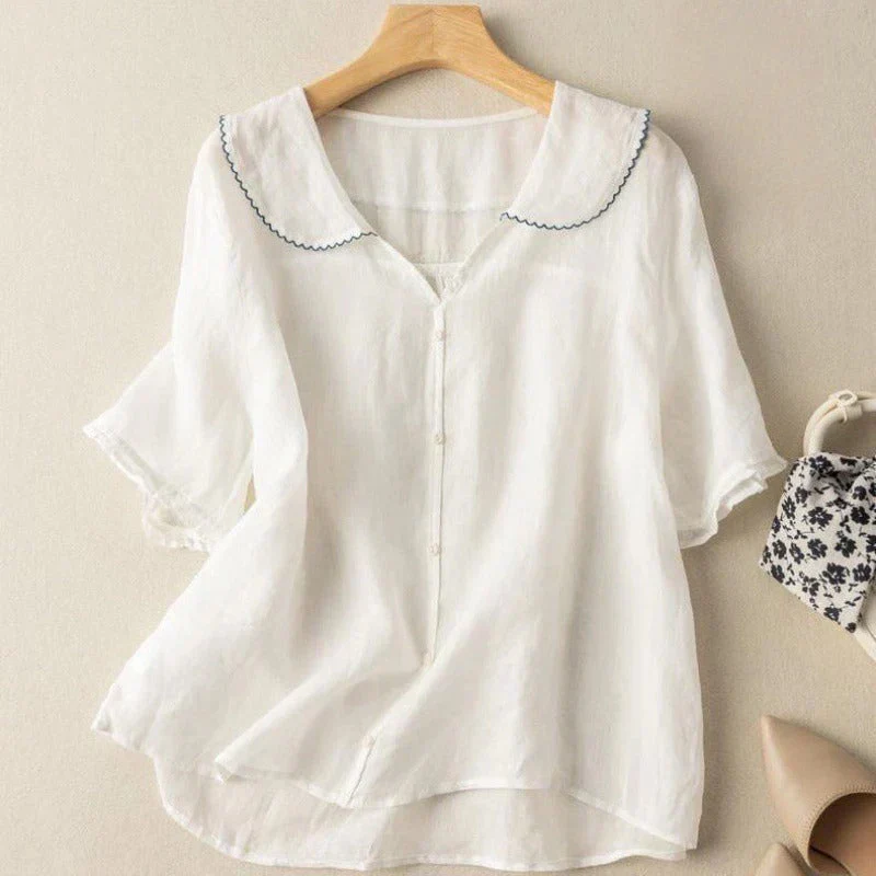 Blouse décontractée en lin aéré à col en V manches courtes femmes – Haut d’été léger respirant à coupe ample - Image 5