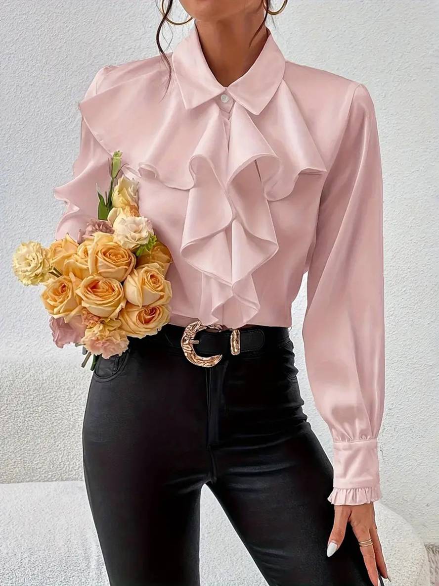 Blouse Élégante à Boutons pour Femme – Col à Volants Jabot avec Manches Bishop - Image 15
