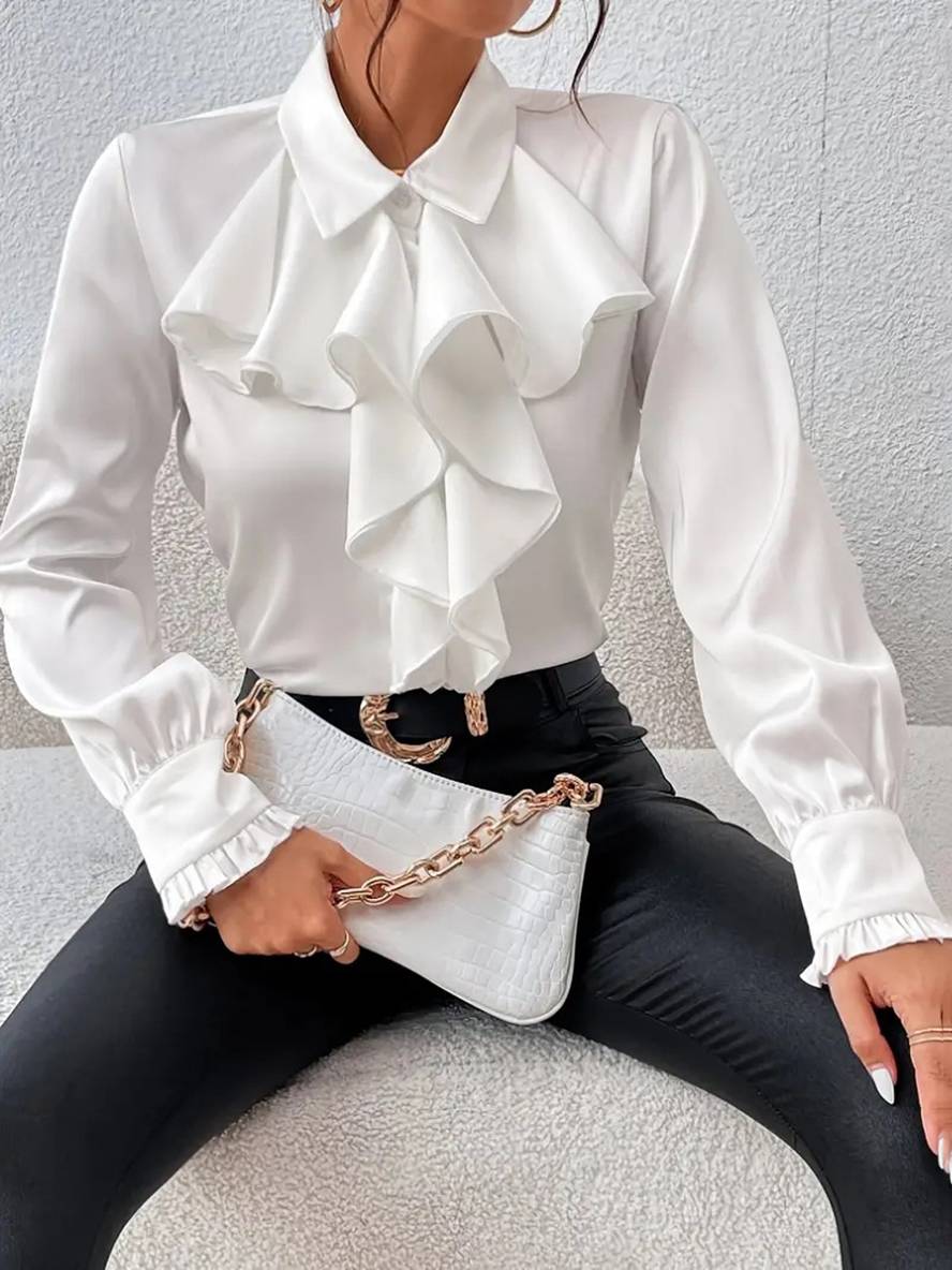 Blouse Élégante à Boutons pour Femme – Col à Volants Jabot avec Manches Bishop - Image 3