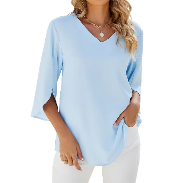 Blouse Élégante Femme Col en V Manches Trois-Quarts – Haut Léger Confortable Doux Unique au Quotidien ou au Bureau - Image 4