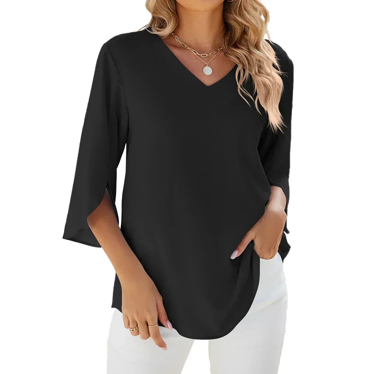 Blouse Élégante Femme Col en V Manches Trois-Quarts – Haut Léger Confortable Doux Unique au Quotidien ou au Bureau - Image 6