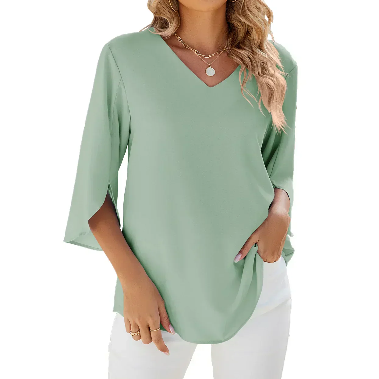 Blouse Élégante Femme Col en V Manches Trois-Quarts – Haut Léger Confortable Doux Unique au Quotidien ou au Bureau - Image 8