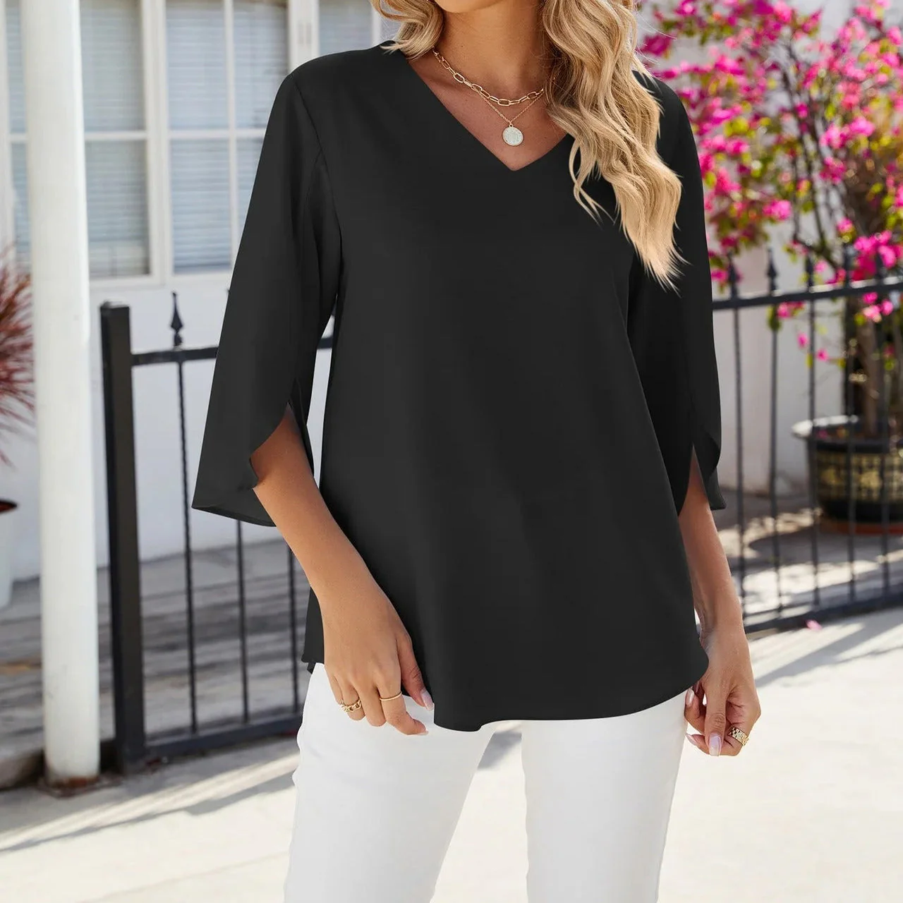 Blouse Femme en Chiffon à Col en V – Manches 3/4, Top Léger Décontracté - Image 7