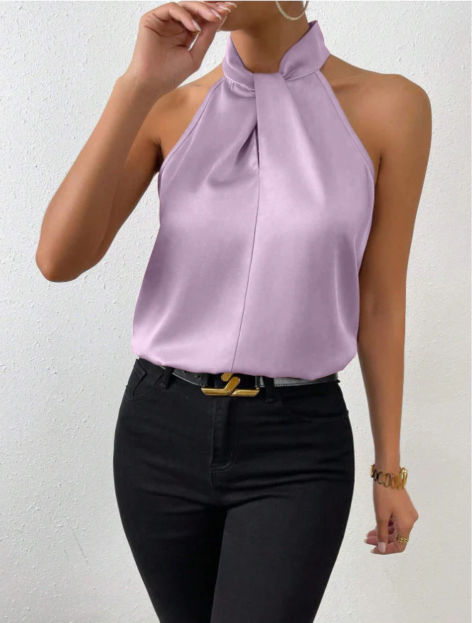 Blouse Femme Satinée à Col Halter – Haut Élégant à Col Noué Style Soie - Image 20