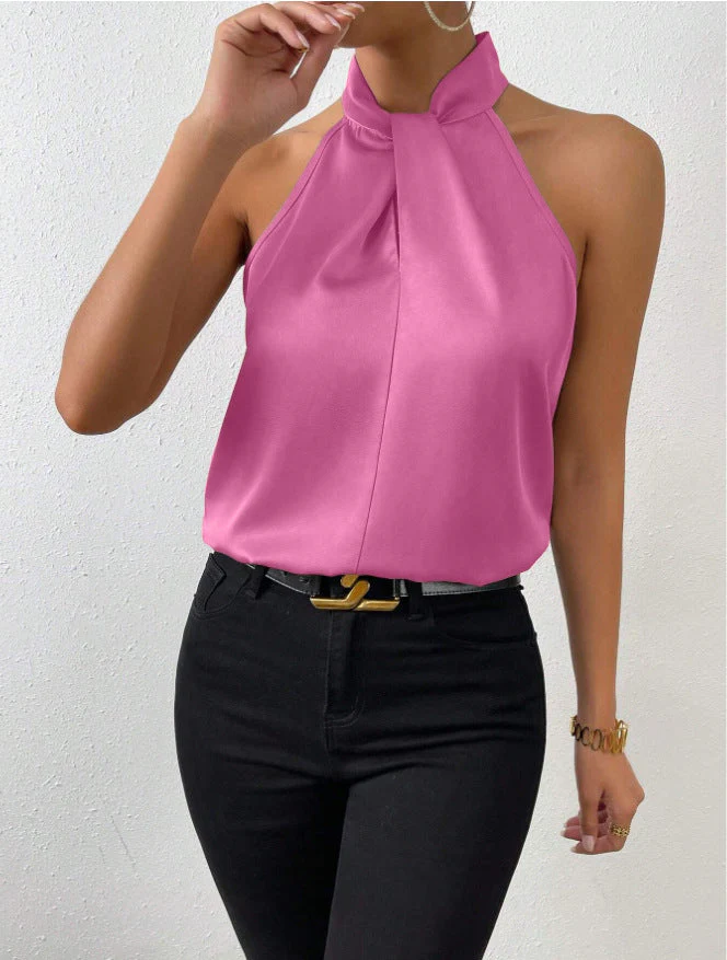 Blouse Femme Satinée à Col Halter – Haut Élégant à Col Noué Style Soie - Image 21