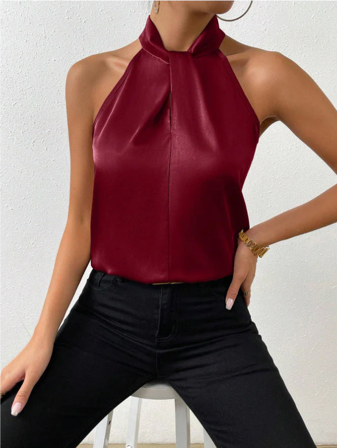 Blouse Femme Satinée à Col Halter – Haut Élégant à Col Noué Style Soie - Image 5