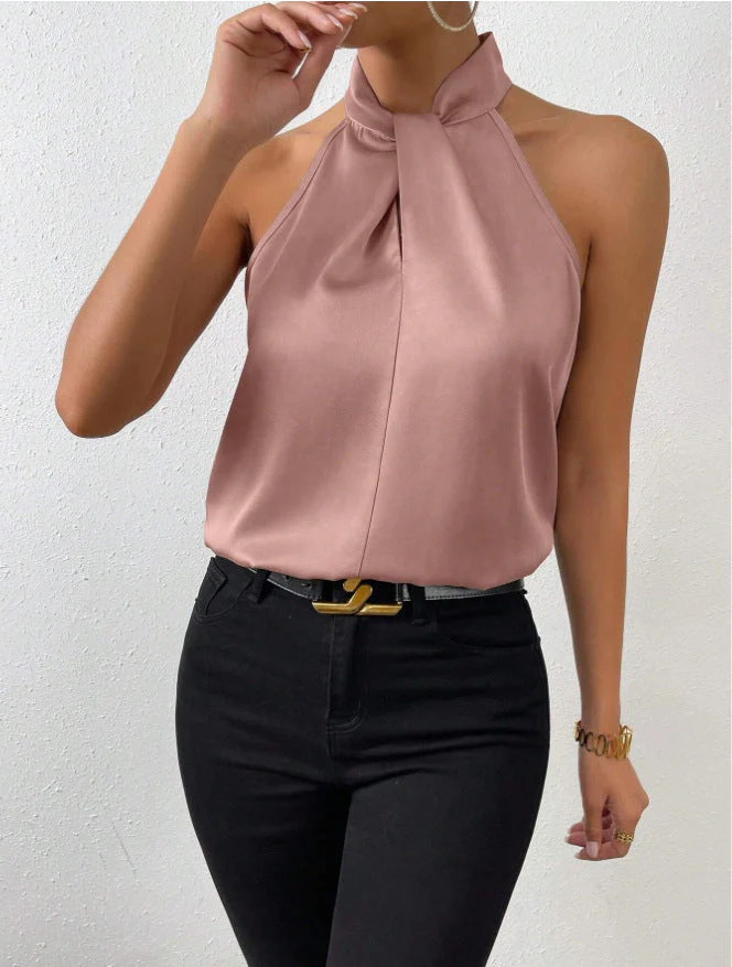 Blouse Femme Satinée à Col Halter – Haut Élégant à Col Noué Style Soie - Image 6