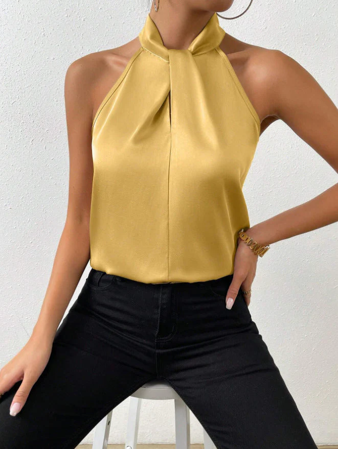 Blouse Femme Satinée à Col Halter – Haut Élégant à Col Noué Style Soie - Image 8
