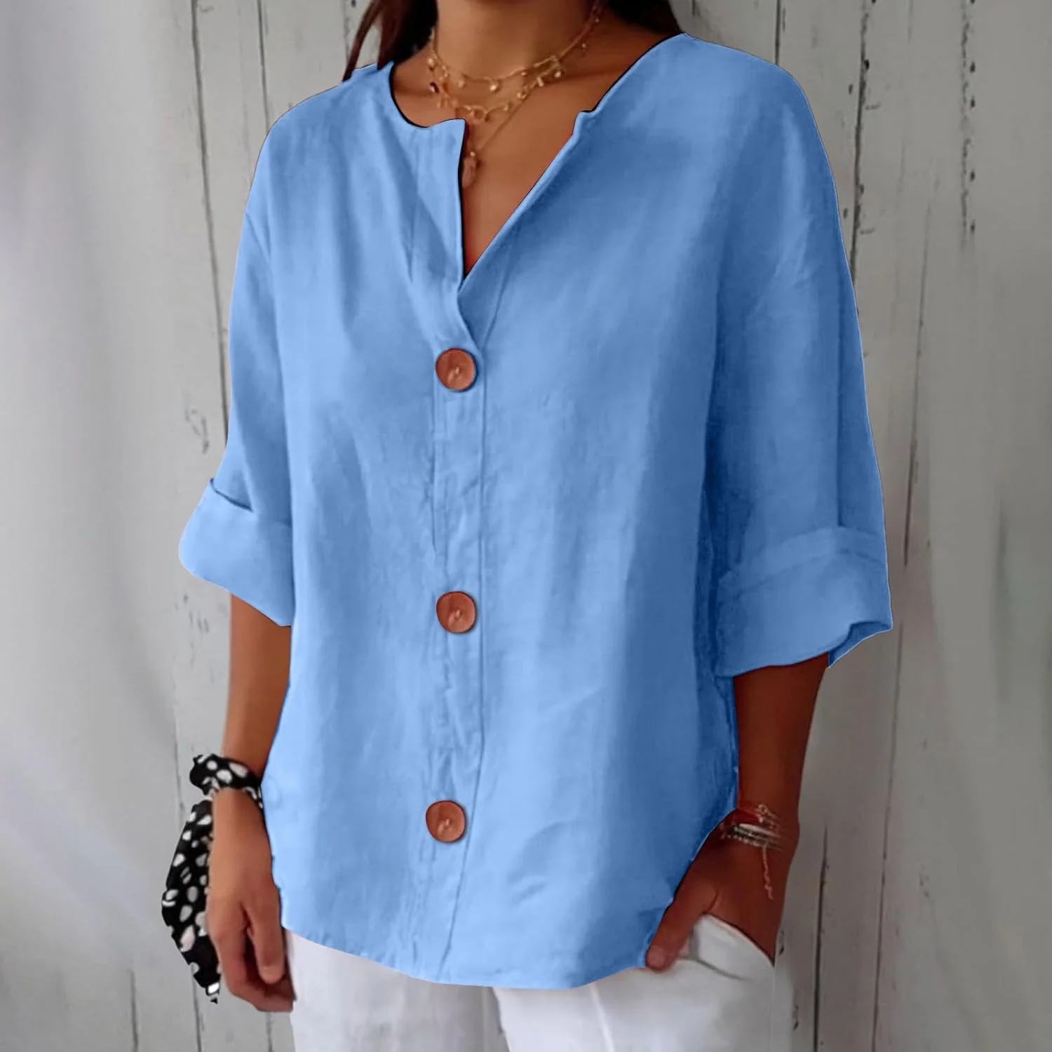 Blouse Gretel en lin beige boutonnée col tunisien - Image 10