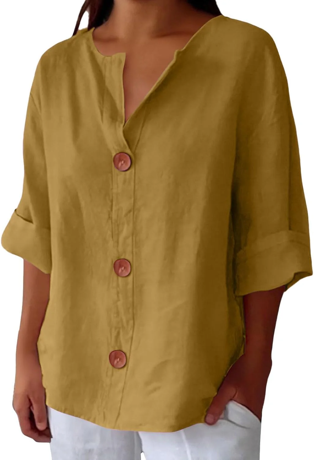 Blouse Gretel en lin beige boutonnée col tunisien - Image 11