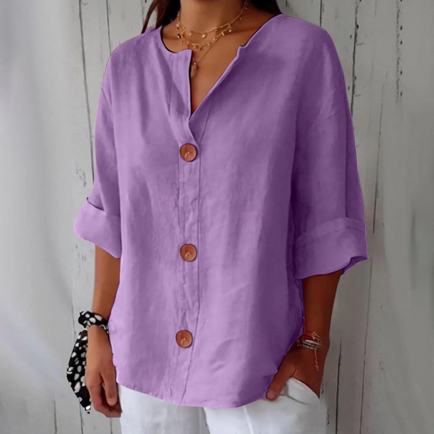 Blouse Gretel en lin beige boutonnée col tunisien - Image 12