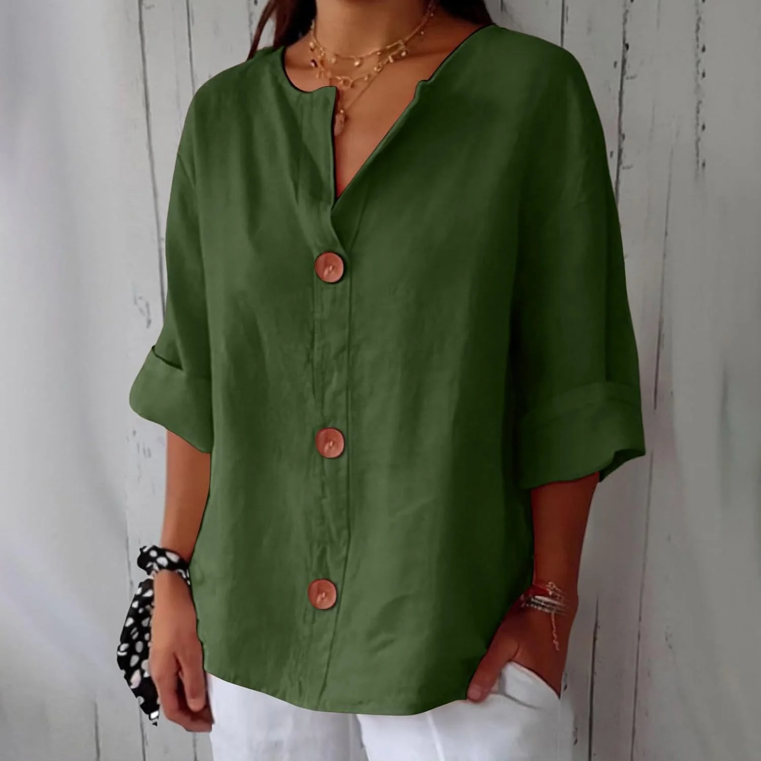 Blouse Gretel en lin beige boutonnée col tunisien - Image 8