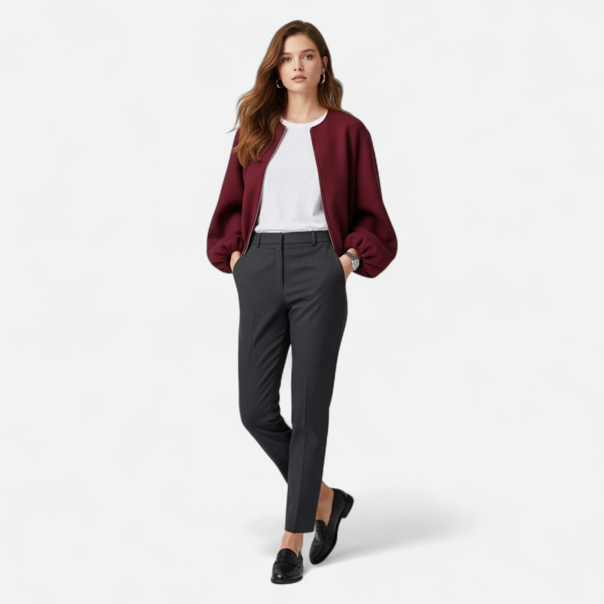 Blouson rétro zippé pour femme – Col rond, style urbain décontracté - Image 2