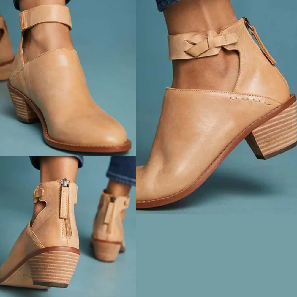Bottes Courtes Confortables Femme – Chaussures à Talon Bloc et Fermeture Éclair