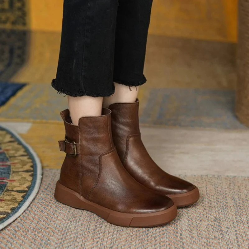 Bottes Femme Marron Vintage et Stylées – Bottines en Cuir à Semelle Plate en Caoutchouc