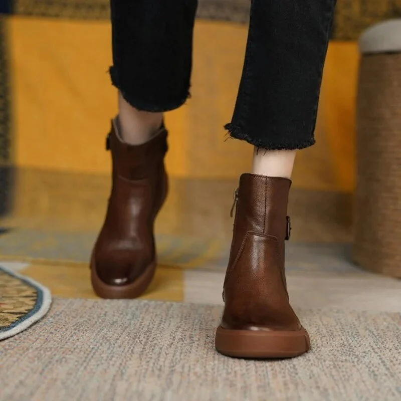 Bottes Femme Marron Vintage et Stylées – Bottines en Cuir à Semelle Plate en Caoutchouc - Image 3