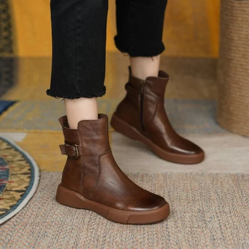 Bottes Femme Marron Vintage et Stylées – Bottines en Cuir à Semelle Plate en Caoutchouc - Image 4