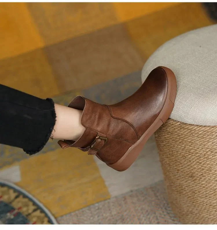 Bottes Femme Marron Vintage et Stylées – Bottines en Cuir à Semelle Plate en Caoutchouc - Image 7