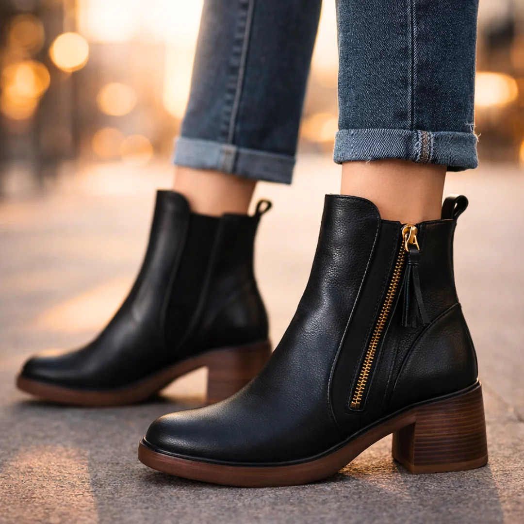 Bottines femme en cuir à talon – Bottes cheville élégantes avec semelle intérieure rembourrée et zip métallique - Image 4