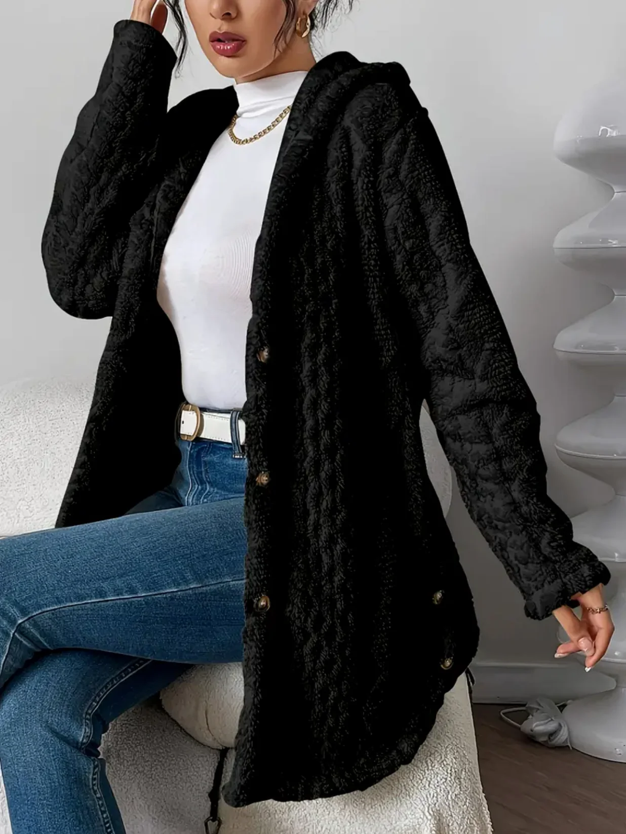 Cardigan Femme à Capuche en Tricot Torsadé – Doux et Confortable à Manches Longues - Image 3