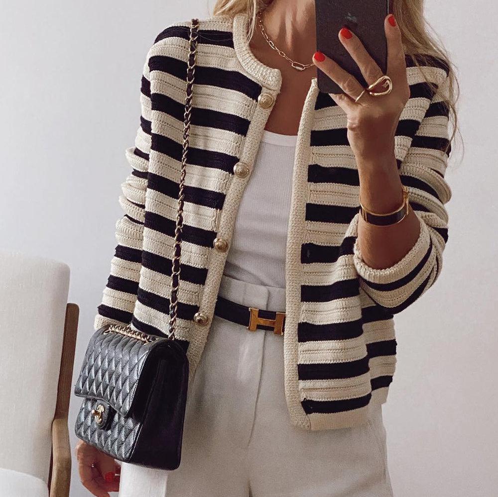 Cardigan Rayé Colorblock pour Femme –Décontracté à Boutons Vêtements en tricot