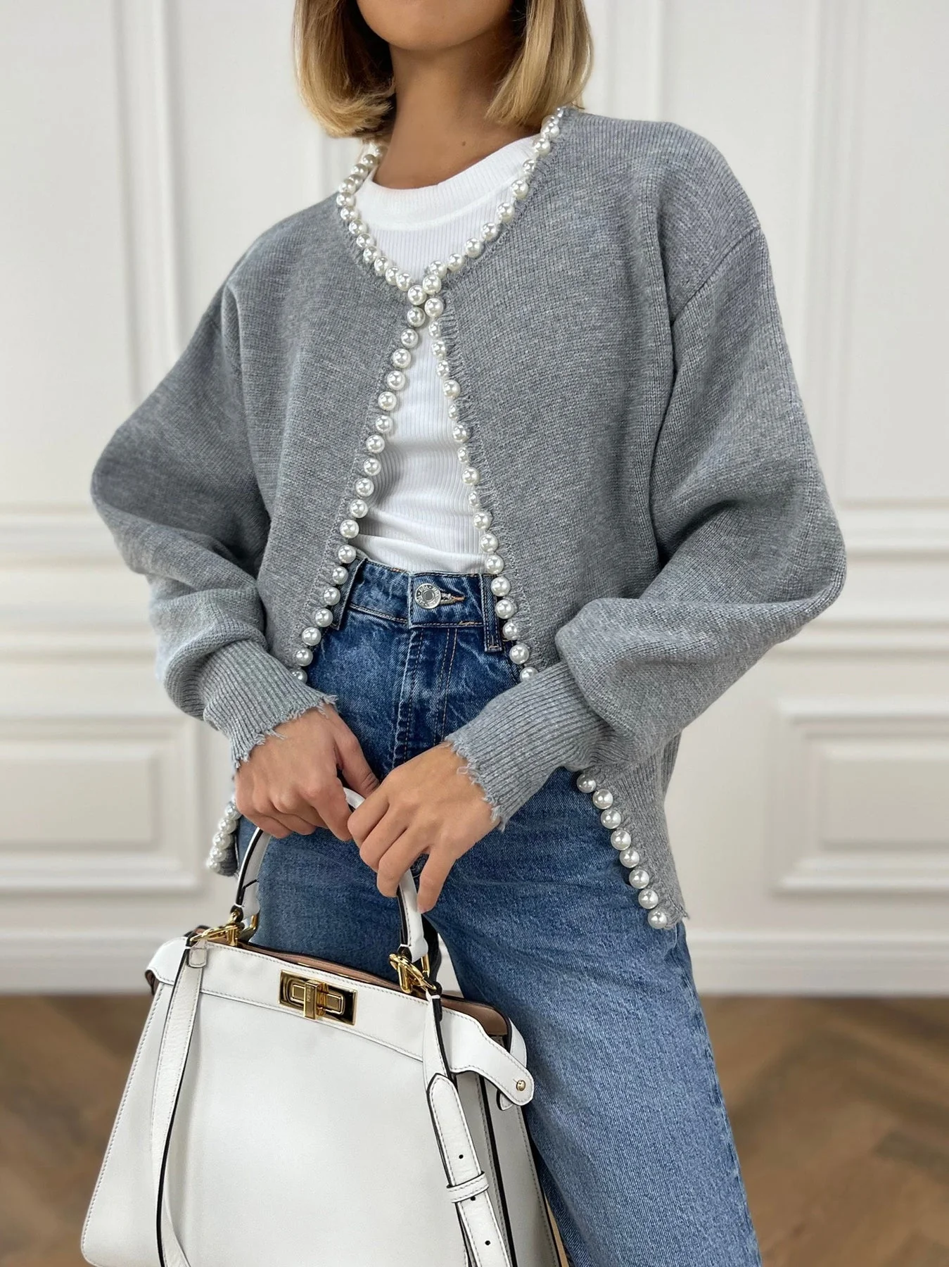 Cardigan Tricoté Femme Orné de Perles – Maille Élégante Manches Longues en Mélange de Coton - Image 4