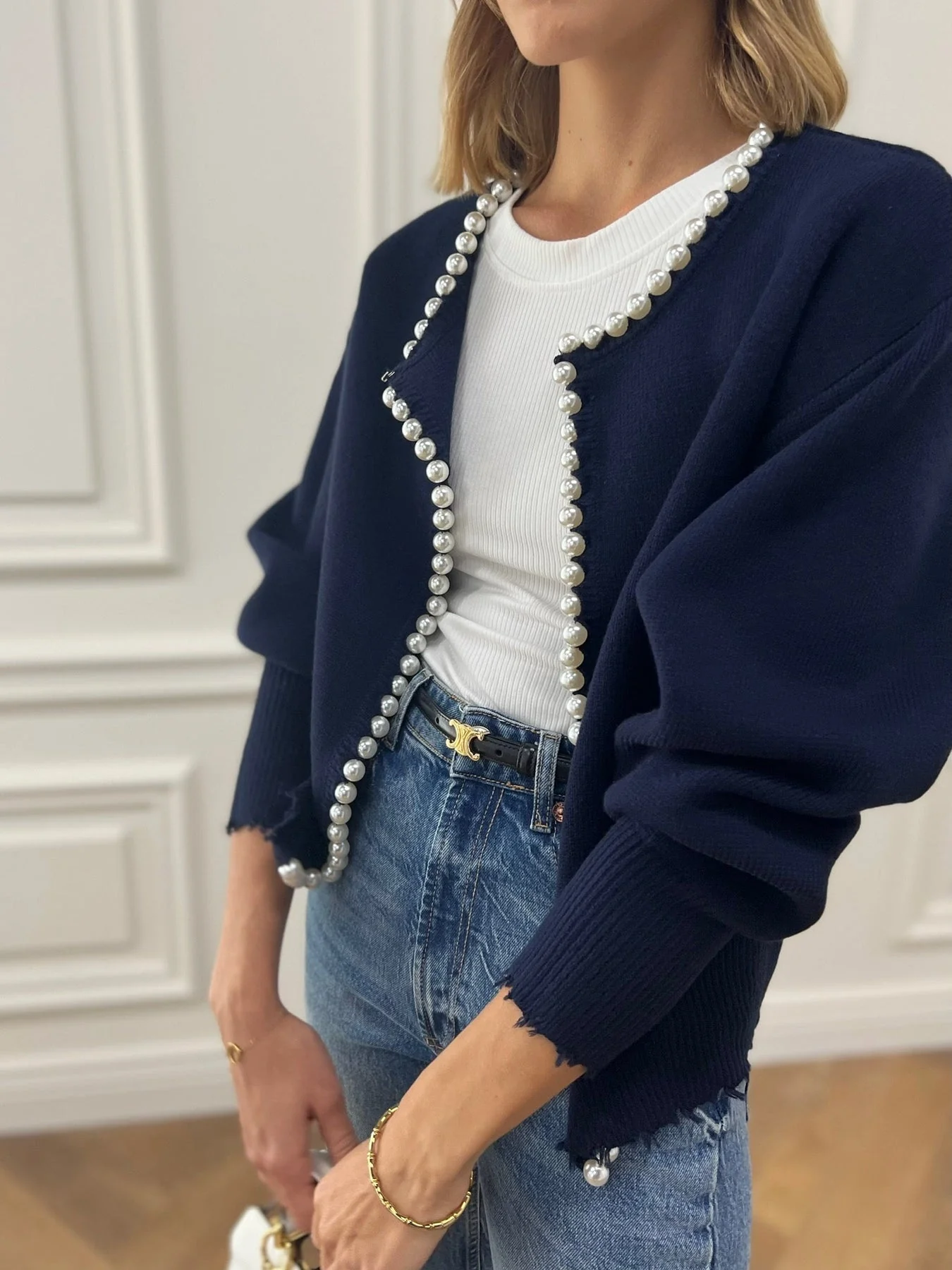 Cardigan Tricoté Femme Orné de Perles – Maille Élégante Manches Longues en Mélange de Coton - Image 7