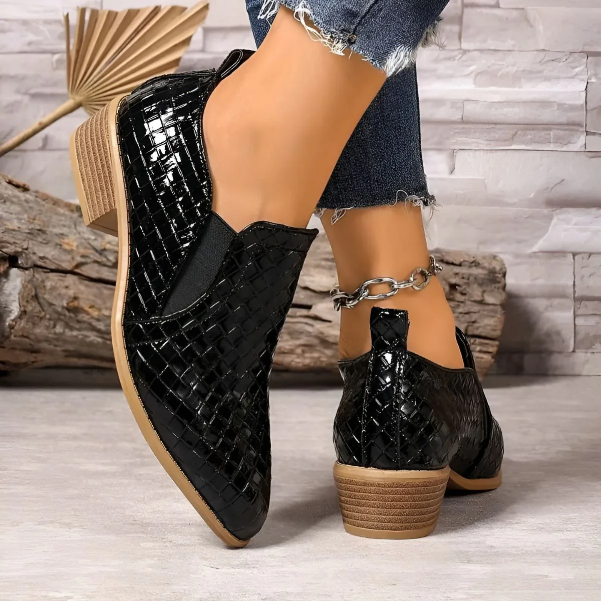 Chaussures Oxford Femme en Cuir Tressé Noir – Talon Bloc À enfiler - Image 3