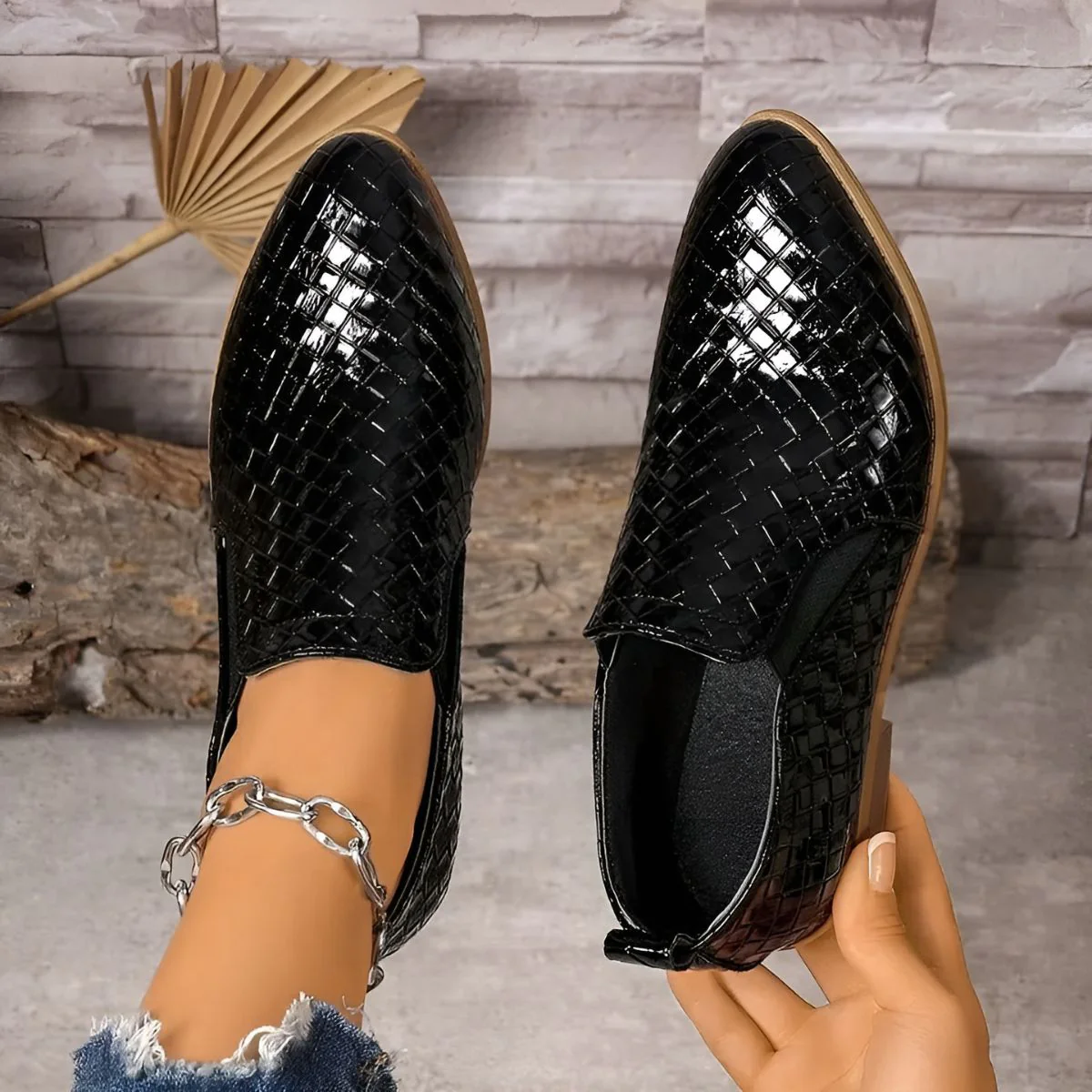Chaussures Oxford Femme en Cuir Tressé Noir – Talon Bloc À enfiler - Image 4