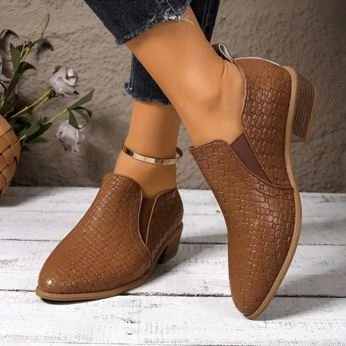 Chaussures Oxford Femme en Cuir Tressé Noir – Talon Bloc À enfiler - Image 9