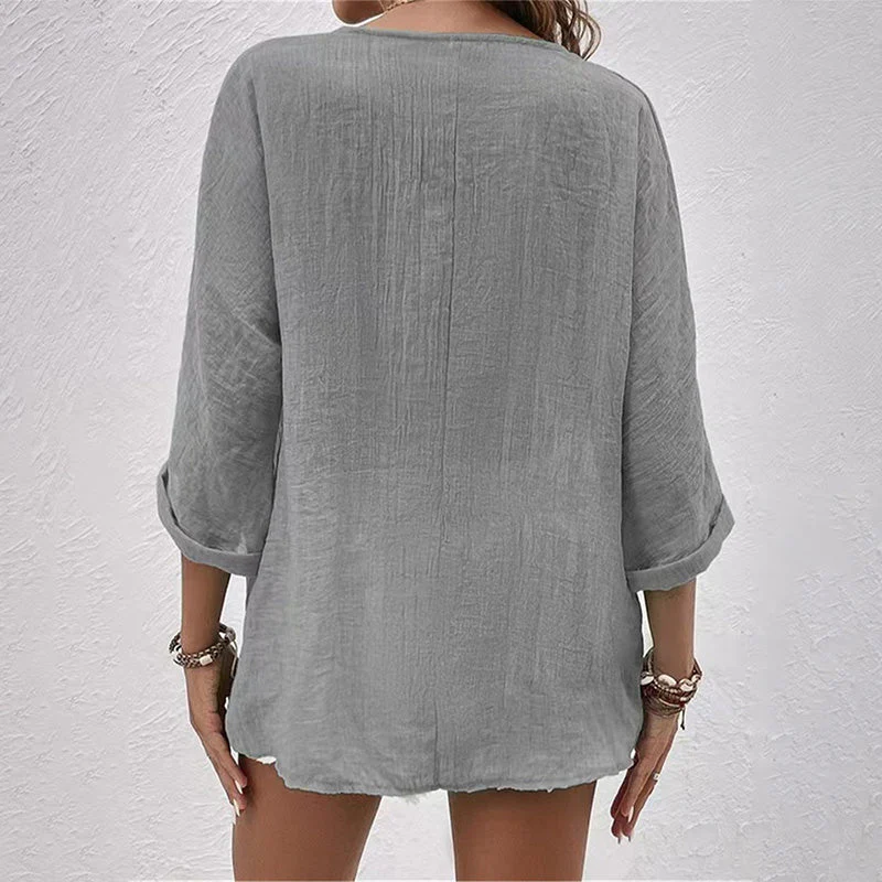 Chemise Décontractée à Col V pour Femme – Haut Boutonné à Manches Longues Uni - Image 10