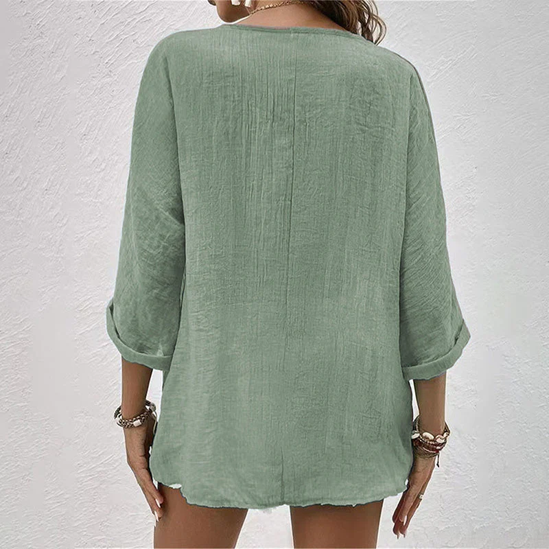 Chemise Décontractée à Col V pour Femme – Haut Boutonné à Manches Longues Uni - Image 11