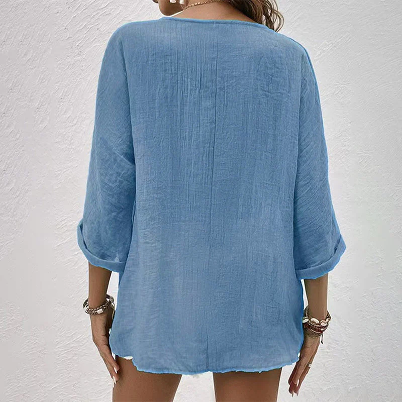 Chemise Décontractée à Col V pour Femme – Haut Boutonné à Manches Longues Uni - Image 12