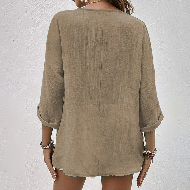 Chemise Décontractée à Col V pour Femme – Haut Boutonné à Manches Longues Uni - Image 7